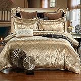 Bettwäsche 135x200 cm Gold Beige Seide Satin Bettbezug Set 2teilig Glatt Glänzend Wendebettwäsche Microfaser Zweiteilig Jacquard Blumenmuster Bettwäschegarnitur Einzelbett mit Reissverschluss