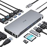 USB C Docking Station Dual Monitor,14 in 1 USB-C Laptop Dockingstation, Triple Display USB C Hub Adapter auf 2 HDMI, VGA, Ethernet, PD, USB C Data, 5 USB, SD/TF, Audio/Mic für Dell XPS Lenovo Surface