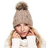 ELIMELI® Damen Winter Mütze warme Strickmütze Wintermütze mit Bommel Slouch Strick Beanie Damen für Winter Bommelmütze Hergestellt in EU Farbenauswahl 15568 (Cappuccino)