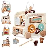 OESSUF Motorikwürfel Baby Montessori Spielzeug ab 1 Jahr, 9 in 1 Bus Motorikspielzeug für 12+ Monate Aktivitätswürfel Baby Holzspielzeug kinderspielzeug ab 1 Mädchen und Jungen Geschenk (Beige)