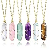 Kristall Kette Set, 6 Stücke Kristalle Heilsteine Kette Sechseckig Edelstein Anhänger Heilkristalle Kette Grün Amethyst Rosenquarz Halsketten Gold für Damen