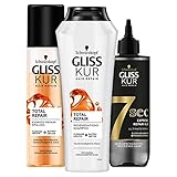 Gliss Kur Total Repair Shampoo, 250 ml + Gliss Kur Schwarzkopf Total Repair Express Spülung, 1er Pack (1 x 200ml) + Gliss Kur 7 Sekunden Express-Repair Kur Ultimate Repair, 200 ml