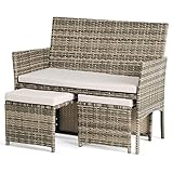 PARK ALLEY | Poly-Rattan 2-Sitzer Loveseat Set mit 2 Hockern inkl. wetterfeste Polster | Gartensofa Set in Rattan-Optik 4-teilig | Rattan Garten-Lounge-Möbel Set perfekt für kleine Balkons