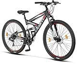 LICORNE BIKE Strong 2D Premium Mountainbike in 29 Zoll - Fahrrad für Jungen, Mädchen, Damen und Herren - Scheibenbremse vorne und hinten - 21 Gang-Schaltung - Vollfederung (Schwarz/Rot, 29.00)