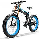 T750Plus elektrisches Mountainbike, 5-Stufen-Pedal-Assist-Sensor, Snow Bike, leistungsstarker Motor, 48V 14.5Ah Li-Ion-Akku, Upgraded zu Downhill-Gabel (Schwarz Blau, 1000W 10.4Ah)