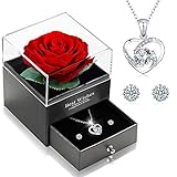 Ewige Echte Rose mit Herz Halskette und Ohrringe aus 925 Sterlingsilber, Infinity Rosen, Schmuck Geschenkbox, Rosenbox Geburtstag, Valentinstag, Hochzeitstag Geschenke für Sie Freundin Frauen