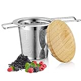 ecooe Teesieb LFGB 304 Edelstahl mit Bambus Deckel, Wiederverwendbare Teefilter für Losen Tee, Tea Strainer mit Faltbare Griffe für Verschieden Tasse Teekanne Kanne Töpfe Tee-Schalen