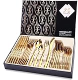 Golden Besteckset, Besteck 24 Stücke für 6 Personen, Besteckset mit Geschenkpaket, Steakmesser / Gabel / Esslöffel / Teelöffel, Besteckset aus Edelstahl, Spiegelpolierter Design für Küche / Restaurant