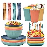 Swetup 48 Teiliges Camping Geschirr Set, 100% Sichere PP Plastikgeschirr Sets, Mehrweg Tafelgeschirr Set inkl. Teller Schalen Tassen Gabeln Löffel Messer, Tafelgeschirr Set für Picknick, Party