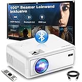 Beamer, Groview Heimkino 5.0 Bluetooth Beamer mit Leinwand, 6500 Lux Film Projektor Unterstützt 1080P, 240'' Display Mini Beamer Kompatibel mit iPhone, Android, HDMI, VGA, USB, Tablets, Laptop