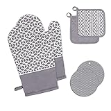 Ofenhandschuhe Set Topflappen Handschuh Hitzebeständig 300°C Topfhandschuhe Grau Silikon und Baumwolle Anti-Rutsch Kochhandschuhe Backhandschuhe Backofen Handschuhe für Küche Kochen Backen BBQ