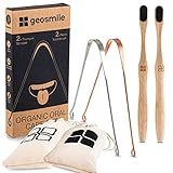 GEOSMILE Bambus-Zahnbürste und Zungenreiniger-Set, Premium Zahnbürste Weich, Umweltfreundliche Handzahnbürste Biologisch Abbaubar und BPA-frei, Zungenschaber aus Stahl und Kupfer