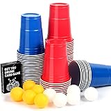 Upchase Beer Pong Becher, (100 Becher 10 Bällen) Bierpong Partybecher Sets, 473ml Bierpong Cups mit Bällen, Plastikbecher Rot und Blau 16oZ, für Weihnachten Geburtstag Festivals Hochzeit