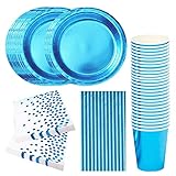 VAINECHAY 30 Gäste Party Tischdeko Partygeschirr Kindergeburtstag Set Einweggeschirr Geburtstag Pappbecher Pappgeschirr Hochzeit Teller Papier Becher Servietten Stroh Blau