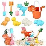 Moncolis 10 Stück Strand Sandspielzeug Dinosaurier für Jungen Kinder Strandspielzeug Set in Netztasche mit Eimer Schaufel Rechen Sandformen Urlaub Wasser Spielzeug