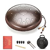 Amkoskr Stahlzungentrommel, 14 Zoll 35 cm Steel Tongue Drum, D-Dur 15 Noten, Handtrommel HandPan Drum mit Drumsticks/Tragetasche(Bronze)