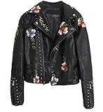 LLYAND Damen Blumen Lederjacke,Bestickte Niete PU Lederjacke,Schmal geschnittene Biker Short Jacket Outwear mit Reißverschluss für Frühling Herbst und Winter (Black, XL)