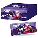 Milka Dark Milk Himbeer 25 x 85g, Zartschmelzende Alpenmilch Schokolade verfeinert mit extra Kakao