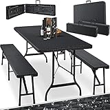 KESSER® Bierzeltgarnitur 3-teilig Set Tisch + 2 x Bank, für drinnen - draußen klappbar Tragegriffe, HxBxT: 73x180x75 cm, Kunststoff, Rattan-Look Gartengarnitur, Klapptisch, Gartentisch, Schwarz