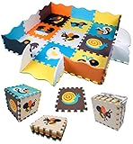 Kinder Puzzlematte XL Spielteppich mit Tiermotive für Baby & Kinder | 72-TLG XL Puzzleteppich Set | Große Eva Schaumstoff Spielmatte | Krabbelmatte mit Rand | Bunte Boden Matte 114x114 cm