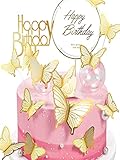 22 Stück Schmetterlinge Tortendeko ， Tortendeko Geburtstag ，Tortendeko Geburtstag Mädchen mit 2Happy Birthday-Acryl-Kuchenaufsätzen,Happy Birthday Tortendeko Hochzeitstorte Deko (Beige)…