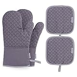 BESTONZON Ofenhandschuhe und Topflappen Set, Hitzebeständige Anti-Rutsch Topfhandschuhe, Geeignet für Kochen, Backen, Grillen, (Farbe:Grau)