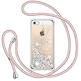 Handykette Hülle für iPhone 5/iPhone 5S/SE 2016, Glitzer Treibsand Necklace Silikon Stoßfest Handyhülle mit Band Transparent TPU Bumper Schutzhülle mit Kordel zum Umhängen, Quicksand Case in Rosé-Gold