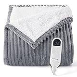 Bedsure Heizdecke mit Abschaltautomatik Wärmedecke Elektrisch - Beheizbare Decke 6 Temperaturstufen mit 1-10 timer, Heizdecke Klein 180x130 Schnelle Erwärmung, Electric Blanket Fleece Streifen Grau