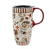 Keramiktasse, große Kaffeetasse, hohe Reisebecher, Porzellan, Latte-Teetasse mit Deckel und Griff, 500 ml Blume