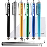 The Friendly Swede 6 Stück Hybrid Touchscreen Stift, Eingabestift, Stylus mit Mikrofaserspitze [11,5 cm] + 6 x 38 cm Lange Schnüre + 1 x Reinigungstuch (Silber Gelb Grün Blau) (Silber Gelb Grün Blau)