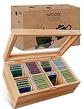 wooq Premium Teebox aus FSC-zertifiziertem Bambusholz – mit 8 Fächern 30 x 19 x 9cm – Teekiste m. luftdichtem Magnetverschluss – Tee Box m. großer Sichtscheibe aus Glas – Teebeutel Aufbewahrungsbox