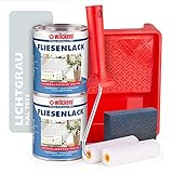 Wilckens Fliesenlack lichtgrau glänzend RAL 7035 - Fliesenfarbe grau 750ml im 2er Set mit Malerbügel inkl. 2 Lackwalzen, Farbwanne & Schleifschwamm zum Fliesen streichen für ca. 16 qm