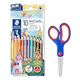 STAEDTLER dicke Buntstifte Noris jumbo in Dreikantform und Bastelschere Noris Club mit gerundeten Klingen, 10 Buntstifte inkl. Spitzer und 14cm Schere, 128 NC10P1X