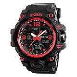 Herren Digital Uhr LED Outdoor Sportuhr Plastik Lünette Silikon Band Armbanduhr Mode Militär Männer Multifunktion Analog Quarzuhr Alarm Kalender Datum Tactical Uhren Große Zifferblatt,Rot