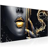 Wandbild Lippen Gold Schwarz 1 Teilig Modern Bild auf Vlies Leinwand Wohnzimmer Flur Kosmetik Fashion Frau 041512a