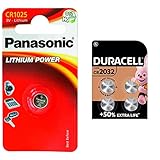 Panasonic Knopfzelle Lithium CR1025 (30 mAh, 3 Volt) & Duracell Specialty 2032 Lithium-Knopfzelle 3 V, 4er-Packung, mit Kindersichere Technologie, für die Verwendung in Schlüsselanhängern, Waagen