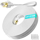 Cat 8 LAN Kabel 15 meter Flach, 40Gbits SSTP Cat 8 Netzwerkkabel 15m Hochgeschwindigkeits, RJ45 2000MHz Gigabit Ethernet Wasserdicht Internet Patchkabel für Switch Router Modem PS4/5, Weiß (15 Clips)