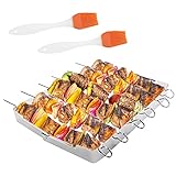 EMAGEREN Grillspieße edelstahl BBQ Schaschlikspieße Edelstahl Set Grillspieß Aufsatz Grill-Rahmen Schaschlik Fleischspieße BBQ Grill-Zubehör mit 6 Spießen, 2 Silikonbürsten für Schaschlikgrill