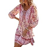 Bellezasourire Damen-Tunika-Kleid, 3/4-Ärmel, V-Ausschnitt, Knopfleiste, Fransen, Blumendruck, Boho-Damenkleid (L, Rosa)