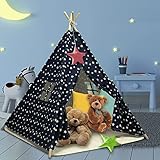 Tipi Spielzelt für Kinder | Kinderzimmer mit Plüschmatten |Drinnen Baumwolle Segeltuch Kinderzelt Indianerzelt (150cm Hoch ) (Navy blau)