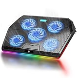 TECKNET RGB Laptop Kühlpads 12-19 Zoll, Laptop Kühler Cooling Pad Notebook Cooler Ständer Kühlpad Kühlmatte mit 2 USB-Ports, 5 Lüfter und RGB-Hintergrundbeleuchtung