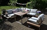 bomey Dining Ecklounge Atlanta in Braun I Lounge-Set bestehend aus einem Sessel und Ecksofa in braun, Tisch im Edelstahl/Teak Design & Polstern in Beige I Garten + Terrasse + Wintergarten