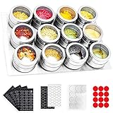 Gewürzdosen, 12 Stück Magnetisch Edelstahl Gewürzgläser Set, Rund Gewürzstreuer, Gewürzbehälter, für Spice Kräuter Gewürze, magnetisch auf Kühlschrank und Grill, 168 Gewürzetiketten