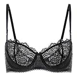 DOBREVA Damen Dirndl BH Push Up Balconette Spitzen BH Große Größen Sexy Soft Transparent Schwarz#X-Back 85D