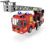 Dickie-Spielzeug 203716003 MAN Dickie Toys Fire Hero, Feuerwehrauto mit manueller Wasserspritze, Licht-& Soundeffekt, inkl. Batterien, abnehmbares Dach, 43 cm, rot