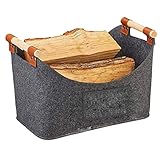 Kaminholzkorb, Holz tragekorb Großes Format ( 50X40X32cm ), mit Tragegriffen aus Holz, Zusammenklappbare Holzkorb für Kaminholz, Filztaschen Shopper, Kaminholz Aufbewahrungsbeutel（Dunkelgrau）