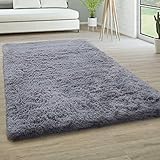 Paco Home Hochflor Teppich Wohnzimmer rutschfest Fellteppich Shaggy Flauschig Weich Modern Kunstfell Fell Imitat Einfarbig, Grösse:120x170 cm, Farbe:Grau