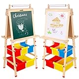 Kinder Staffelei mit Papierrolle Höhenverstellbar Standtafel Magnettafel Kinder Tafel Holz Kindertafel mit Zahlen und anderem Zubehör Doppelseitige Maltafel als Geschenk für Jungen und Mädchen