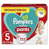 Pampers Windeln Pants Größe 5 (12-17kg) Baby-Dry, Junior mit Stop- und Schutz Täschchen, MONATSBOX, 132 Höschenwindeln