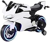 Kinder Elektromotorrad 1299SS - 70 Watt - LED Beleuchtung - Stützräder - Softstart - Multimedia SD-Karte / USB / MP3 / AUX - Stoßdämpfer - Elektro Motorrad für Kinder - Ab 3 Jahre - Soundmodul (Weiß)